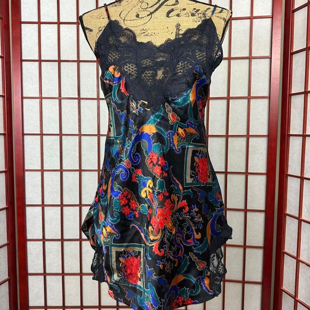 Vintage Gold Label Victorias Secret Colorful Satin Lace Mini Slip Dress